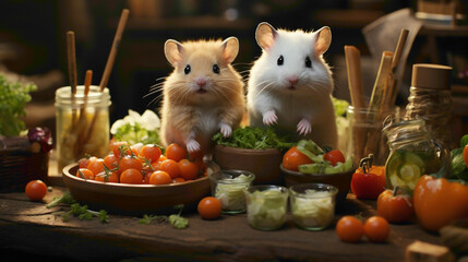 Adorable hamster pups snacking on tiny vegetables, their cheek pouches and animated gestures adding to the overall charm of these popular pocket pets.