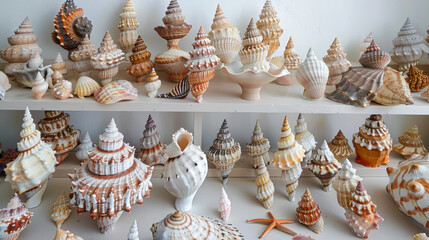 Diverse Collection of Exotic Seashells on Shelves in Bright Room