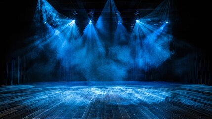 Dramatic blue stage lighting with atmospheric smoke in an empty theater setting, suggesting performance anticipation. - obrazy, fototapety, plakaty