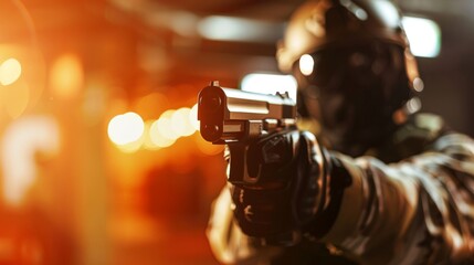 A focused soldier in tactical gear aiming a handgun with intense concentration amidst warm glowing lights.