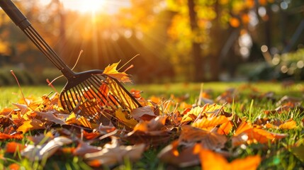 Raking fallen leaves on a sunny autumn day with the warm glow of sunset in a backyard.