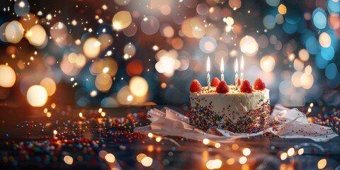 Festive birthday cake adorned with sprinkles and strawberries, glowing candles celebrating a special occasion.