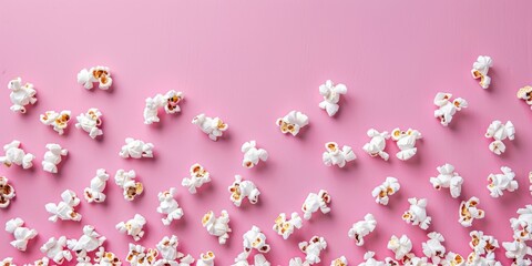 Playful top view of white popcorn scattered on a bright pink background, concept of leisure snacks. - obrazy, fototapety, plakaty