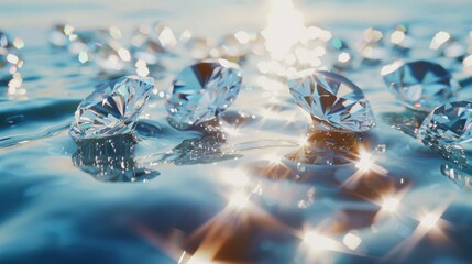 Brilliant diamonds scattered across the surface of water, reflecting sunlight with sparkling effect. - obrazy, fototapety, plakaty