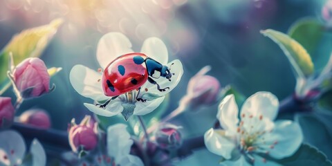 Macro shot of a red ladybug crawling on a delicate white blossom, depicting the beauty of spring.