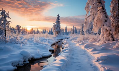 Snow Covered Forest With Stream