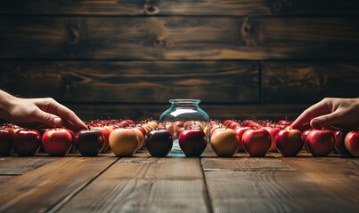 Hands Reaching for Apples on Wooden Table