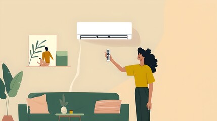 Woman adjusting air conditioner at home. Simplified flat design, modern interior illustration. Cozy living room scene with decorative elements. AI - obrazy, fototapety, plakaty