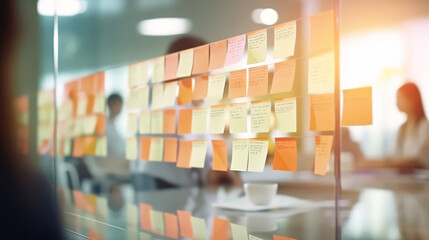 A Selective focus , glass wall with sticky notes  for a brain storm