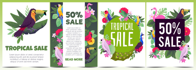 Tropical sale banner or card templates set, flat hand drawn vector illustration. © sabelskaya