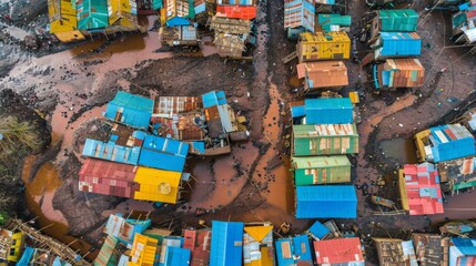 Top-down shot of a dense, vibrant shanty town with makeshift structures and muddy terrain after rain. - obrazy, fototapety, plakaty