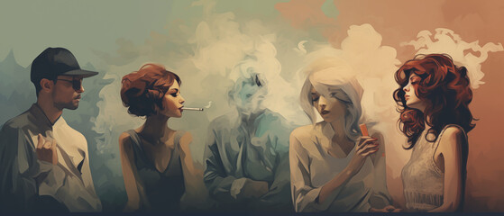 illustration cigarettes smoke with people. - obrazy, fototapety, plakaty