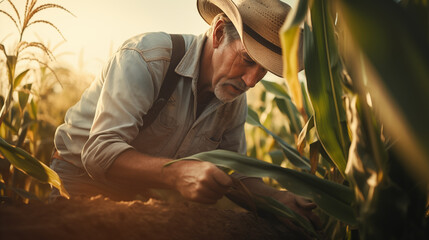 Farmer checks corn sprouts