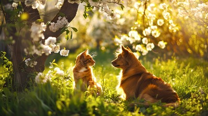 Dog and cat sitting together peacefully in a sunlit blooming garden. Serene and idyllic setting capturing friendship, springtime bloom. Nature's harmony captured in a heartwarming scene. AI - obrazy, fototapety, plakaty