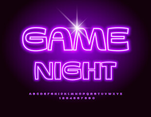 Fototapeta na wymiar Vector neon flyer Game Night with retro style purple glowing Font. Bold Alphabet Letters and Numbers set