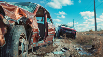 A bright red Mustang sits stranded by the roadside, appearing forlorn and abandoned - Powered by Adobe