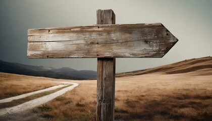 Mountain way wooden way direction sign, weathered and rustic. Background