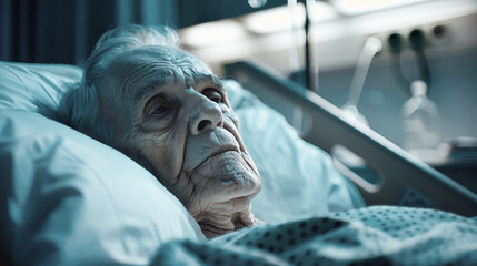 An elderly woman lies motionless in a hospital bed, surrounded by medical equipment and a dimly lit room - Powered by Adobe