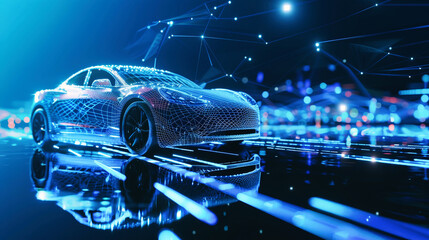 3D rendering of an elegant electric car standing gracefully in front of a vibrant blue background