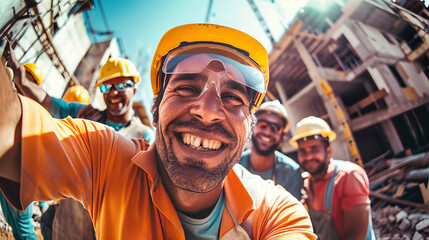 A group of funny, cheerful construction workers standing together in a row, sharing a moment of camaraderie and unity - obrazy, fototapety, plakaty