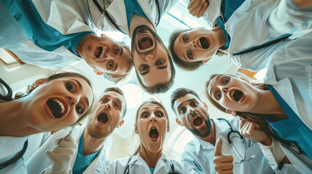 A group of funny and cheerful doctors standing in a circle, sharing laughter and joy in their professional camaraderie