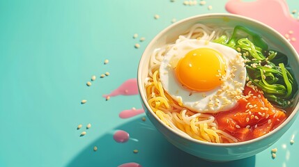 A classic breakfast plate of fried eggs and noodle soup om korean style offers a protein punch to start your day - obrazy, fototapety, plakaty