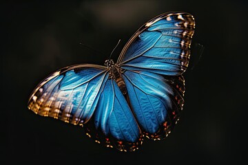 Blue Morpho Butterfly on flowers on dark background, Extreme Close-up,Macro View, 
