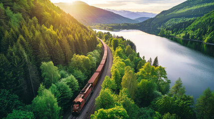 A train moves through a dense, green forest with vibrant foliage along its path - obrazy, fototapety, plakaty