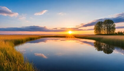 Fototapeta na wymiar sunset-at-coast-of-the-lake--Nature-landscape--Nature-in-northern-Europe--reflection--blue-sky-and-yellow-sunlight--landscape-during-sunset
