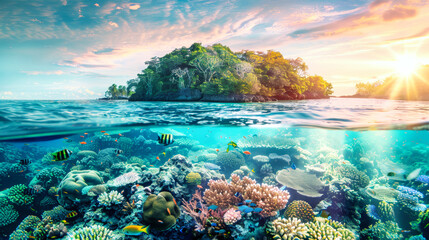 Coral reef in foreground with small tropical island visible in the distance, showcasing underwater ecosystem and marine life - obrazy, fototapety, plakaty