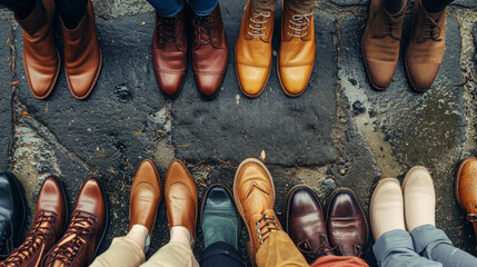 A collection of mens business shoes neatly lined up in a row, ready for the days adventures and challenges - obrazy, fototapety, plakaty