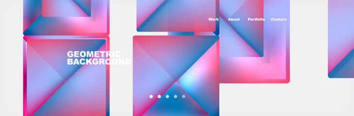 A collection of colorful geometric backgrounds featuring pink, purple, and azure triangles on a white canvas. Includes rectangles and a vibrant violet color palette