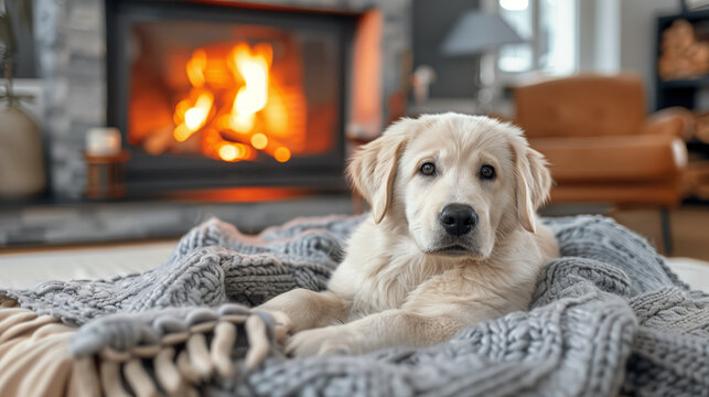 A golden retriever dog lying on a cozy blanket in front of a fireplace, with a warm and homely ambiance, depicting comfort and companionship. Generative AI