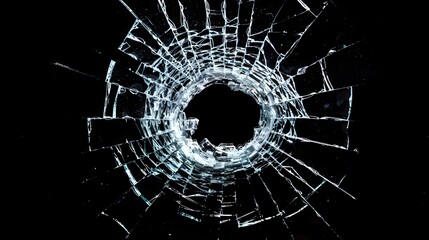 Close-up of shattered glass with a hole in the center on a dark background. Conceptual imagery of breakage and vulnerability. Ideal for thriller or mystery themes. AI