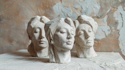 Naklejka premium Ancient classical marble gypsum stoic, roman, greek bust, busts head sculpture against a colored background representing historical figures 