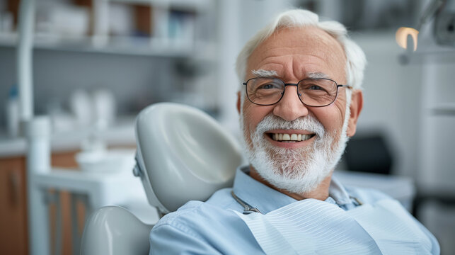 A senior patient smiling at the dentist's office, realistic photographic style, on a blurred clinical background, concept of dental care. Generative AI