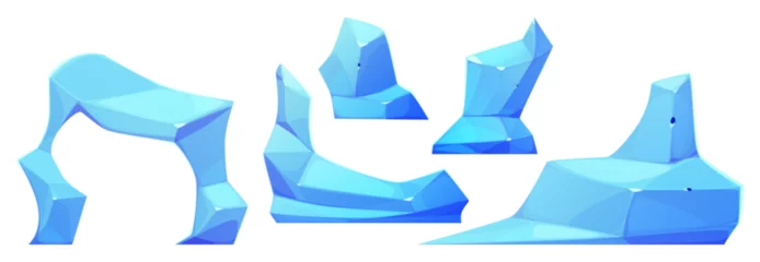 Zelfklevend Fotobehang Ice floe pieces and framed mountain cliff. Cartoon vector illustration set of frozen water chunk for arctic landscape. Blue glacier cube floating in sea or ocean. North freeze snow glass rock. © klyaksun