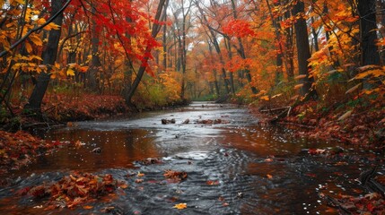 Autumn Leaves: A photo of a gentle stream surrounded by trees with leaves in various shades of red and yellow