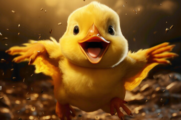 A yellow duckling in a yellow superhero cape, leaping over tiny obstacles on a yellow background. - obrazy, fototapety, plakaty