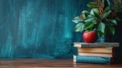 A stack of old books and an apple with a sprig of rowan on a dark background - obrazy, fototapety, plakaty