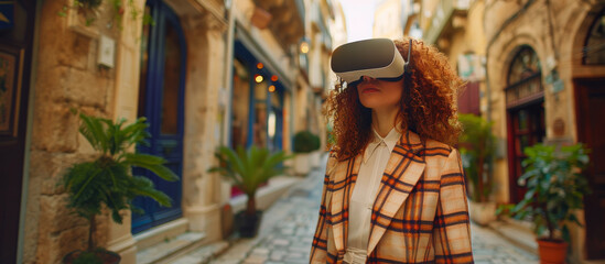 Obraz premium A woman in VR headset standing on a city street, blending reality and virtual experience, Generative AI.