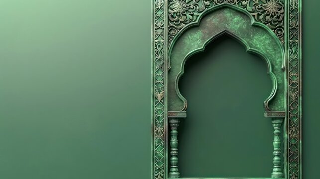 A green wall and an arch with arabesques and ornaments