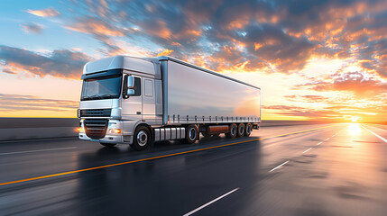 A truck driving on a highway at sunset, white cargo space for mockup, photographic style, vibrant...