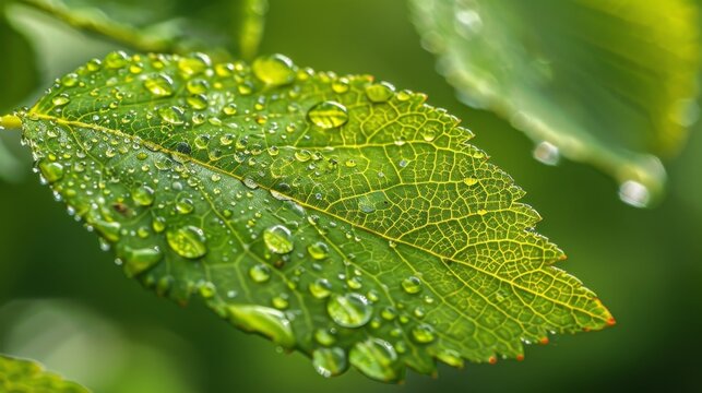 Close-up Leaves: A photo showing the delicate tracery of veins on a leaf, with tiny water droplets