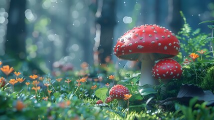 The spotted red and white cap of the Amanita muscaria, also known as the fly agaric, is a poisonous fungus that can be found in forests and grasslands during autumn - obrazy, fototapety, plakaty