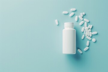 Medicine bottle and scattered pills on a light blue background with copy space, top view - obrazy, fototapety, plakaty