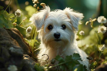 A tiny white Maltese puppy with sparkling blue eyes, surrounded by a sea of lush green grass. - obrazy, fototapety, plakaty