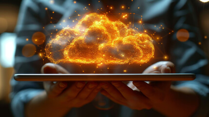 Hands holding a tablet with a glowing cloud above it, symbolizing cloud technology and data security against a blurred background, Generative AI.