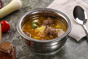 Soup with beef meatball and vegetables