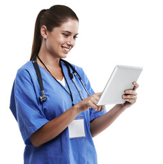 Tablet, search and woman doctor in studio with medical, inspiration or research on white background. Medicine, innovation and nurse reading hospital newsletter or clinical trial for Alzheimer study